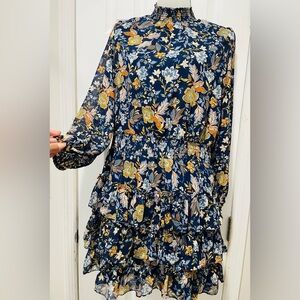MSK Navy Floral Chiffon Long Sleeve Dress